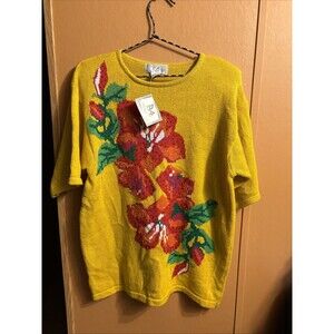 Vintage P.A. International Yellow Knit Sweater Red Floral Shirt Top Sz Large